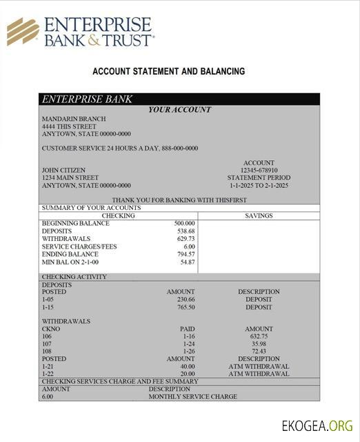 Modèle Word et PDF de relevé de compte Nigeria Enterprise Bank